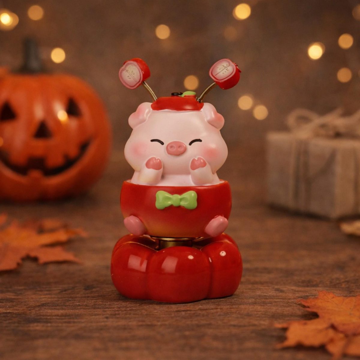 Handmade Kawaii Pig Figurine Bobblehead, Cute Pink Piggy in Apple With Pumpkin Base, Desk Decor, Tiny Resin Animal Statue