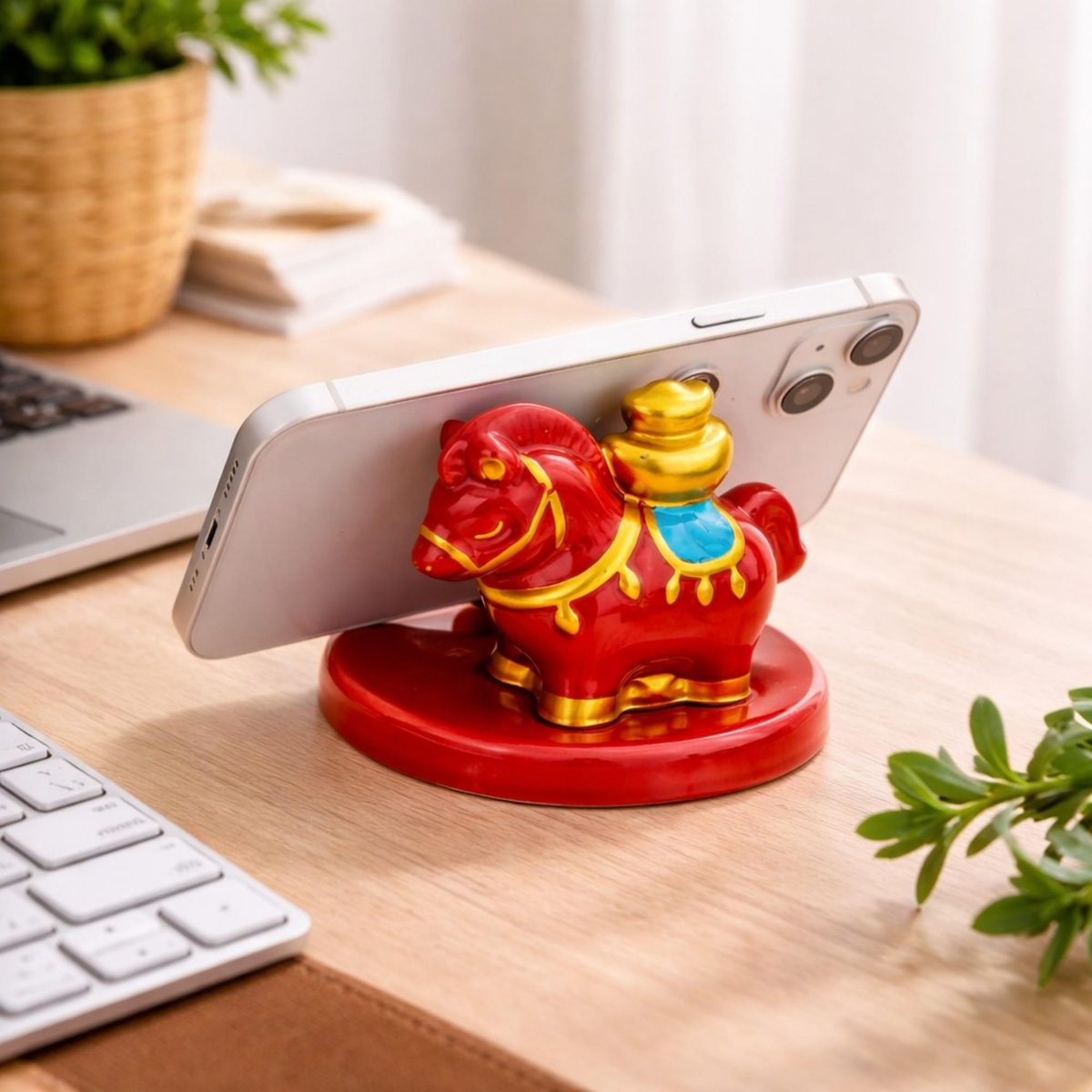 Red Ceramic Horse Phone Stand, Lucky Zodiac Figurine With Gold Ingot, Chinese Wealth Symbol Desk Decor, Functional Office Gift for Success