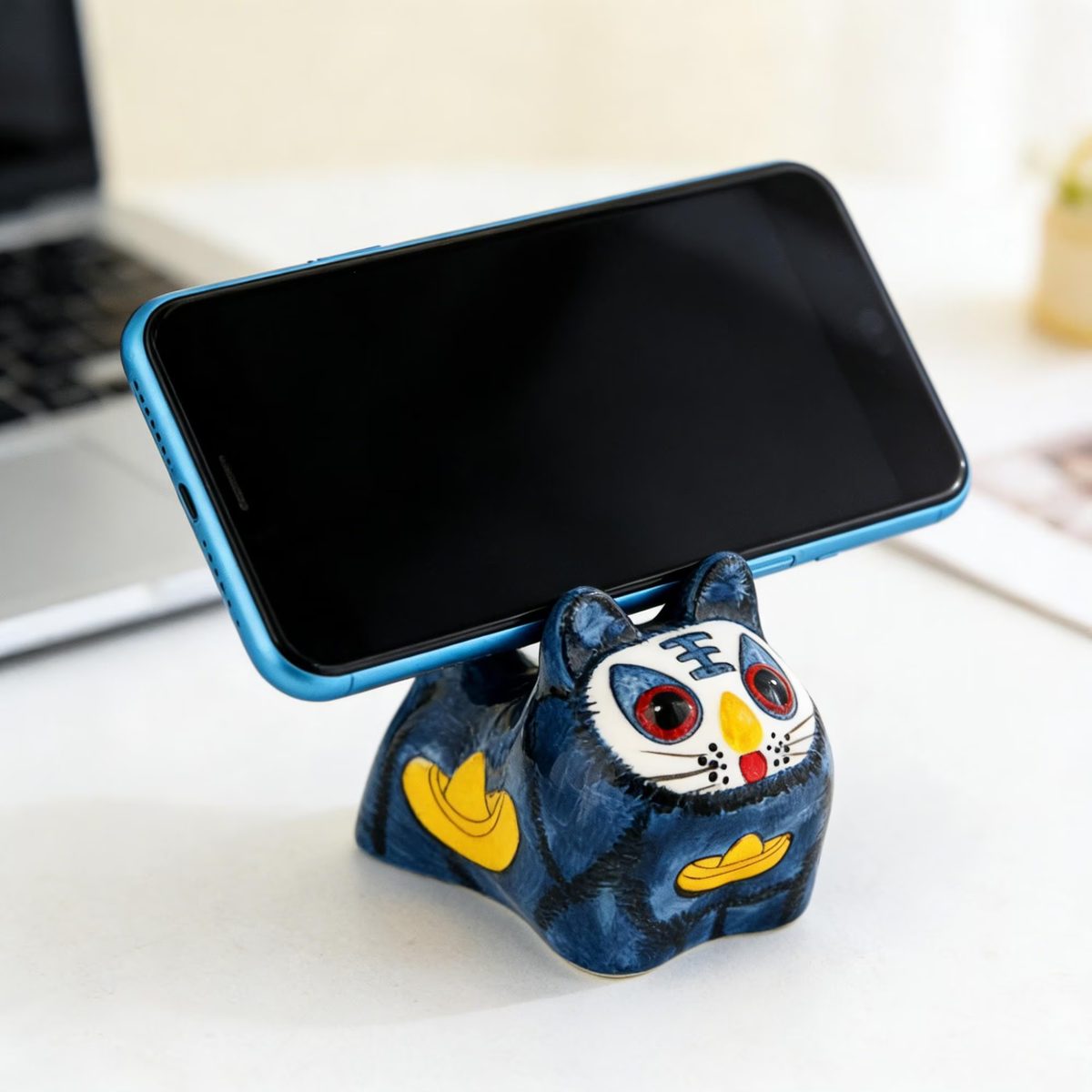 Folk Art Ceramic Tiger Phone Stand, Colorful Lucky Tiger Figurine With Gold Ingot, Handmade Desk Decor, Unique Smartphone Holder Gift