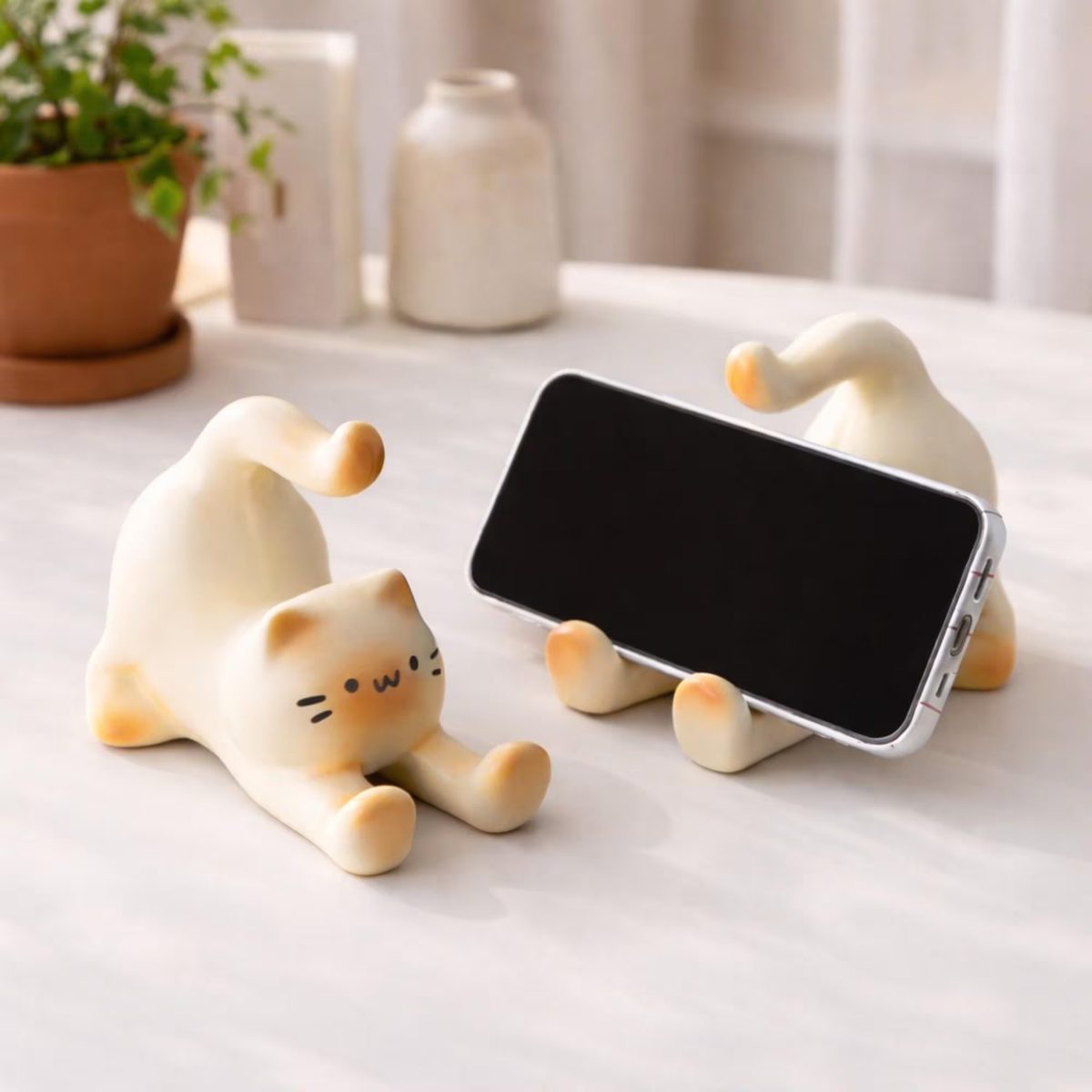 Cute Ceramic Stretching Cat Phone Stand, Kawaii Kitten Figurine , Aesthetic Animal Smartphone Holder, Unique Gift for Cat Lovers