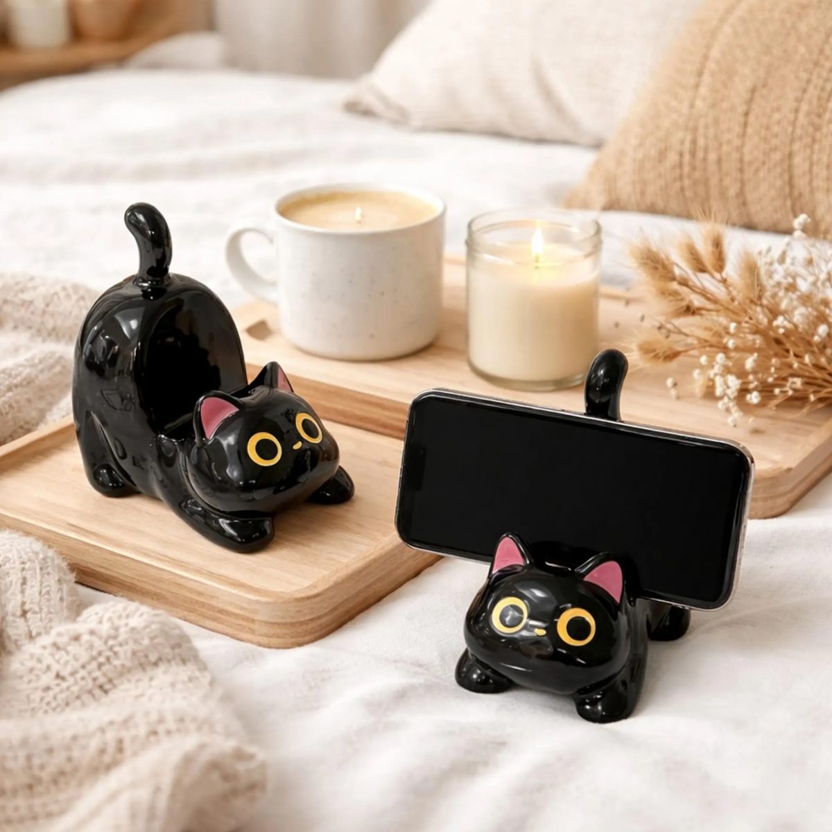 Cute Black Cat Phone Holder, Ceramic Cat Figurine for Desk, Aesthetic Smartphone Stand, Cat Lover Gift for Her, Kawaii Office Decor