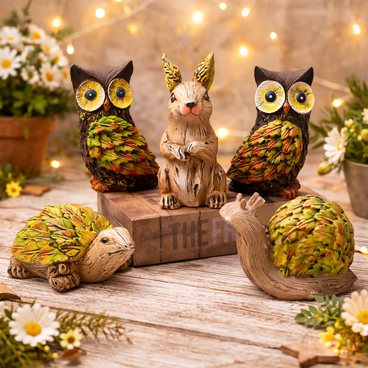 Handcrafted Woodland Spirit Animal Figurines — Resin Faux-wood Carvings: Owl, Rabbit, Turtle, and Snail