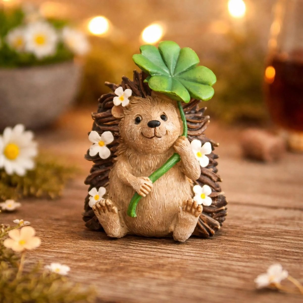 Hedgehog Figurine With Four Leaf Clover，miniature Resin Animal Statue for Good Luck
