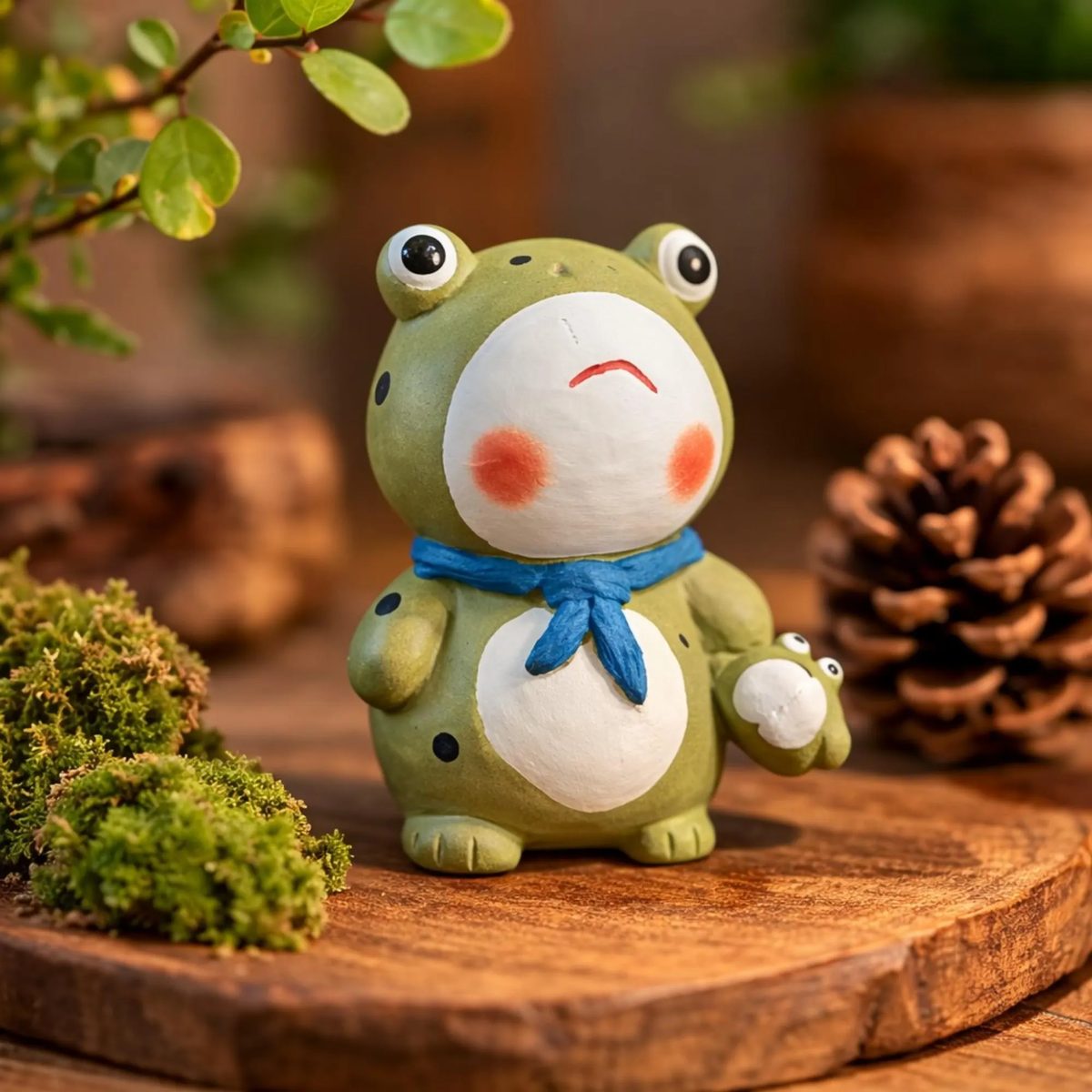 Handmade Zisha Ceramic Frog Figurine - Cute Apple Green Tea Pet With Blue Scarf