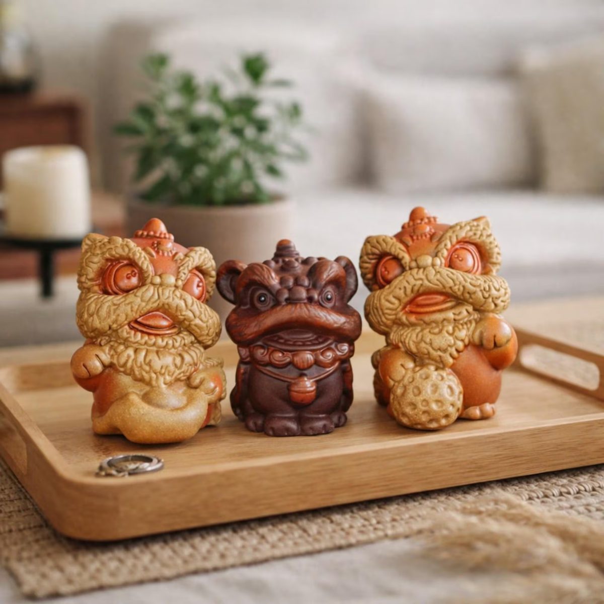 Handmade Zisha Tea Pet, Lucky Guardian Lion Figurine, Oriental Feng Shui Decor, Purple Clay & Duan Ni Sculpture