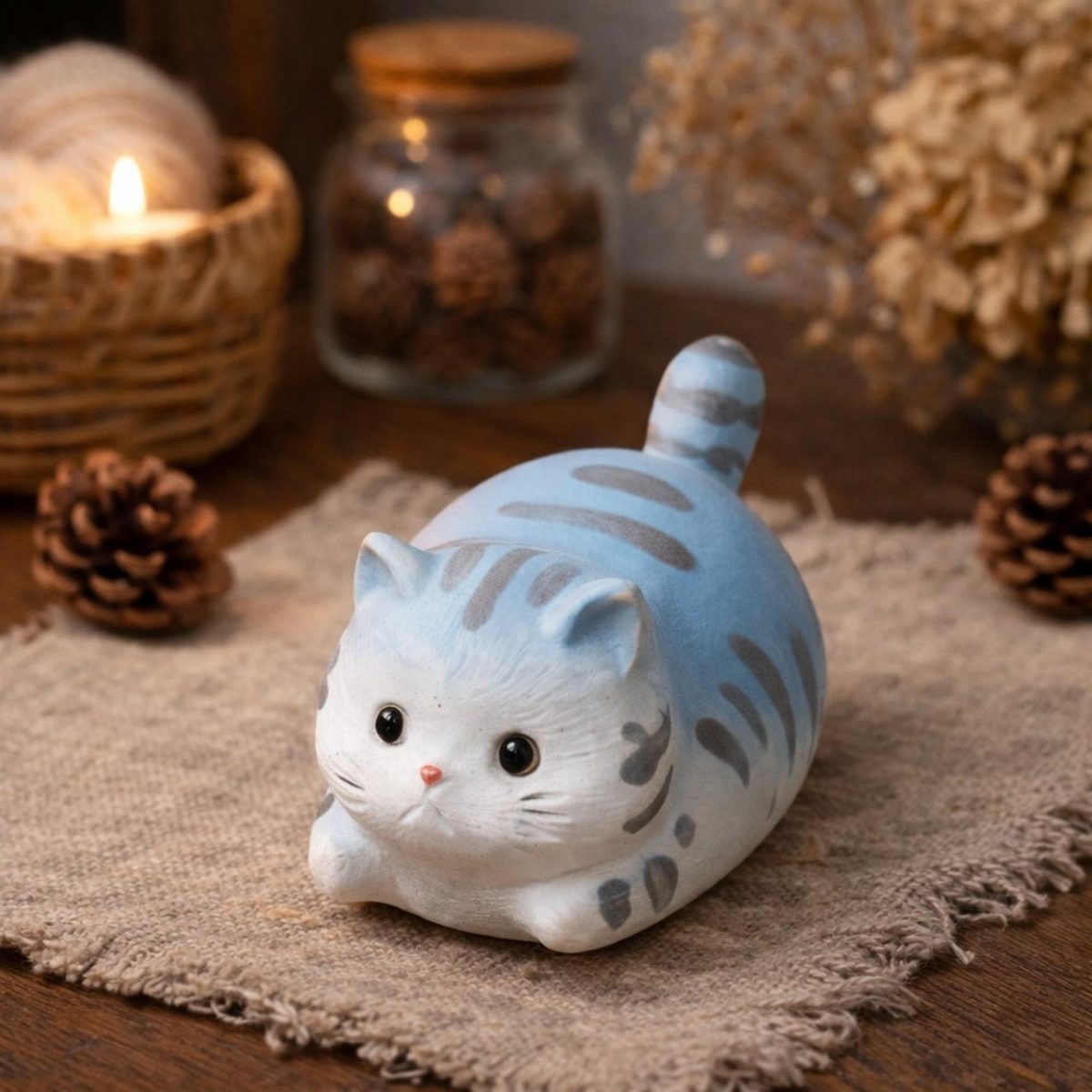 Handmade Blue Striped Cat Tea Pet - Cute Chubby Kitty Loaf Figurine - Yixing Zisha Clay Cat Statue, Unique Gift for Cat Lovers
