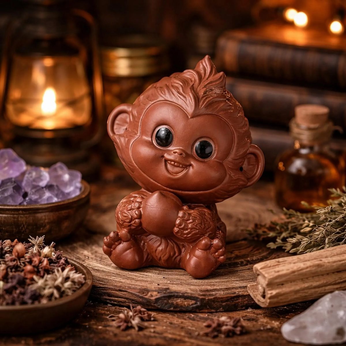 Handmade Cute Monkey Tea Pet, Yixing Zisha Clay Baby Chimpanzee Figurine, Adorable Zen Desk Decor
