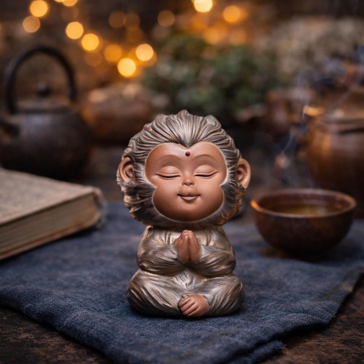 Handmade Praying Monkey Tea Pet, Zen Buddha Monkey Figurine, Mindfulness Gift for Yoga Lovers, Yixing Purple Clay Tea Accessory