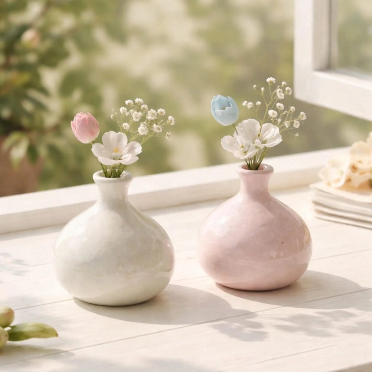 Mini Floral Ceramic Bud Vase, Aesthetic Pastel Pink & White Porcelain Vase, Small Embossed Flower Pot, Minimalist Single Stem Vase
