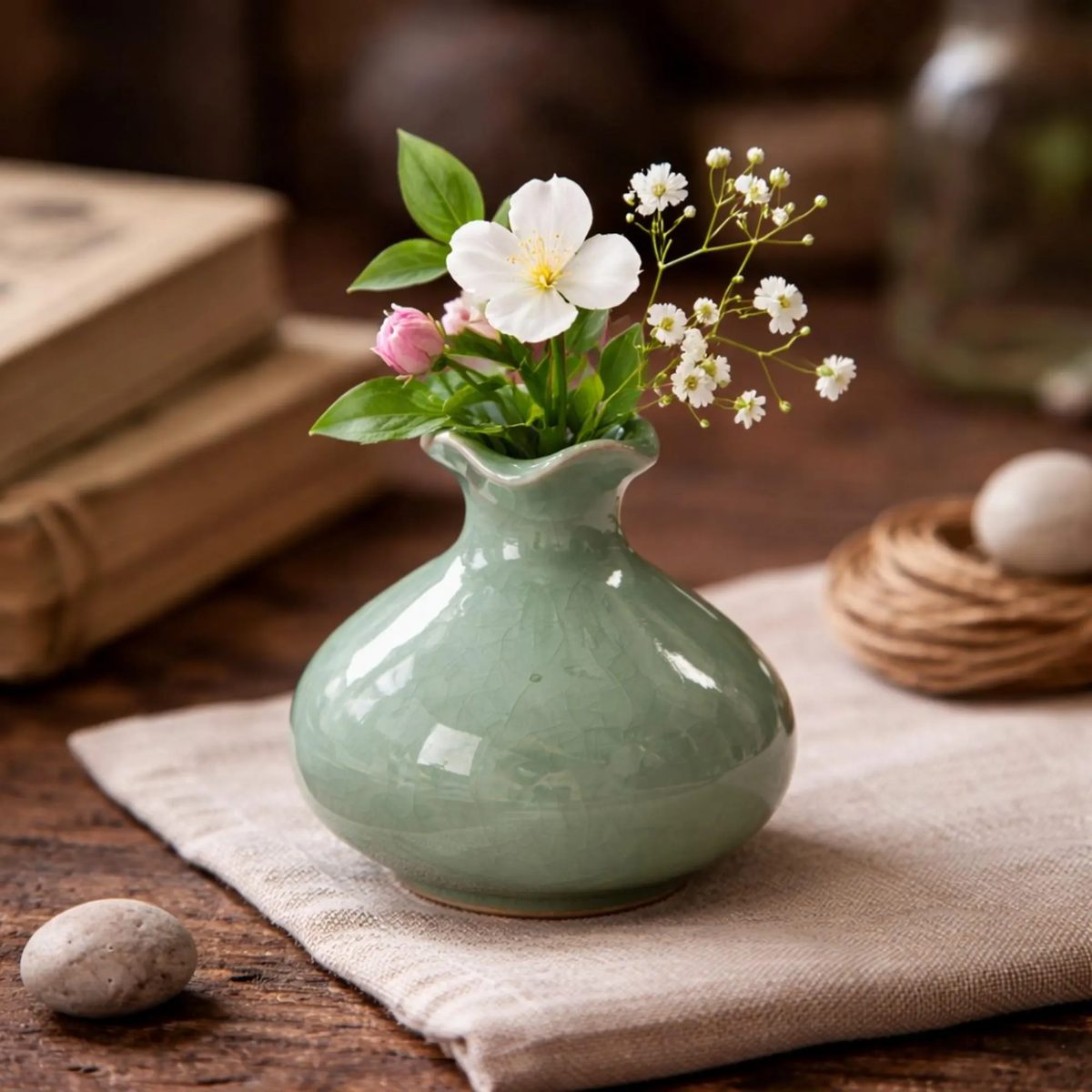 Mini Celadon Bud Vase, Small Crackle Glaze Ceramic Vase, Handmade Minimalist Flower Pot, Unique Gift for Gardeners